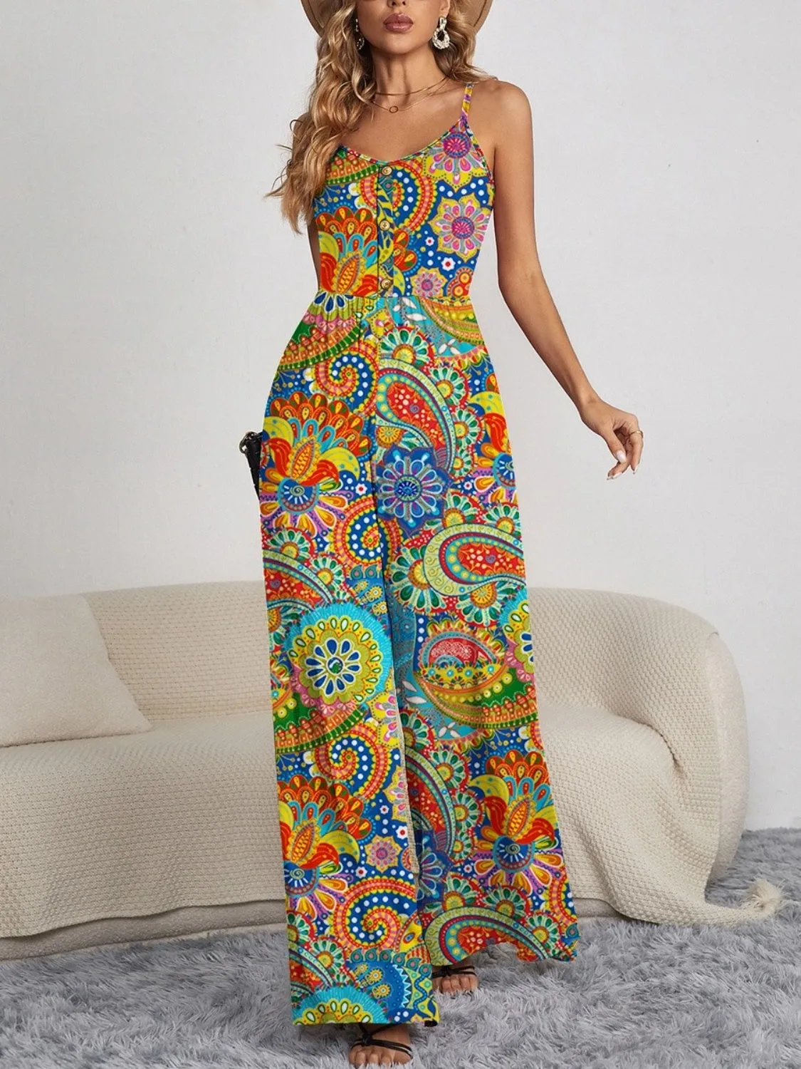 🌸 Decorative Button Spaghetti Strap Wide Leg Jumpsuit 🌸