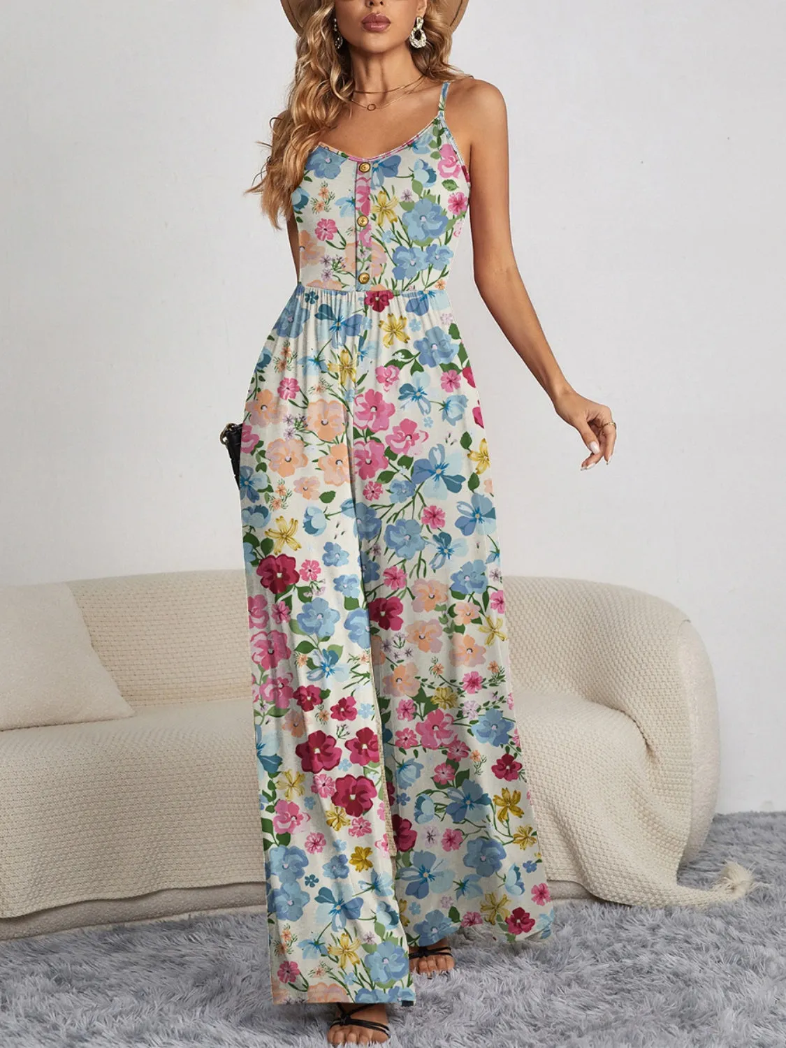 🌸 Decorative Button Spaghetti Strap Wide Leg Jumpsuit 🌸