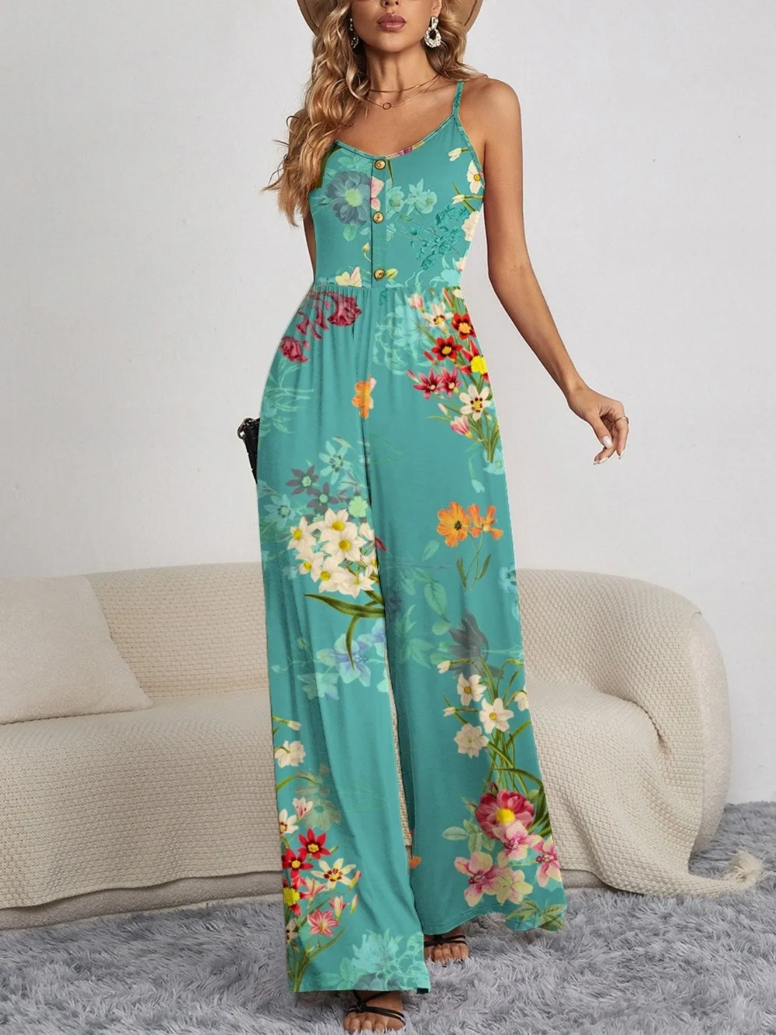 🌸 Decorative Button Spaghetti Strap Wide Leg Jumpsuit 🌸