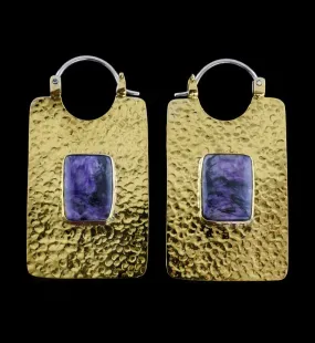 14G Obverse Charoite Stone Brass Hangers - Earrings