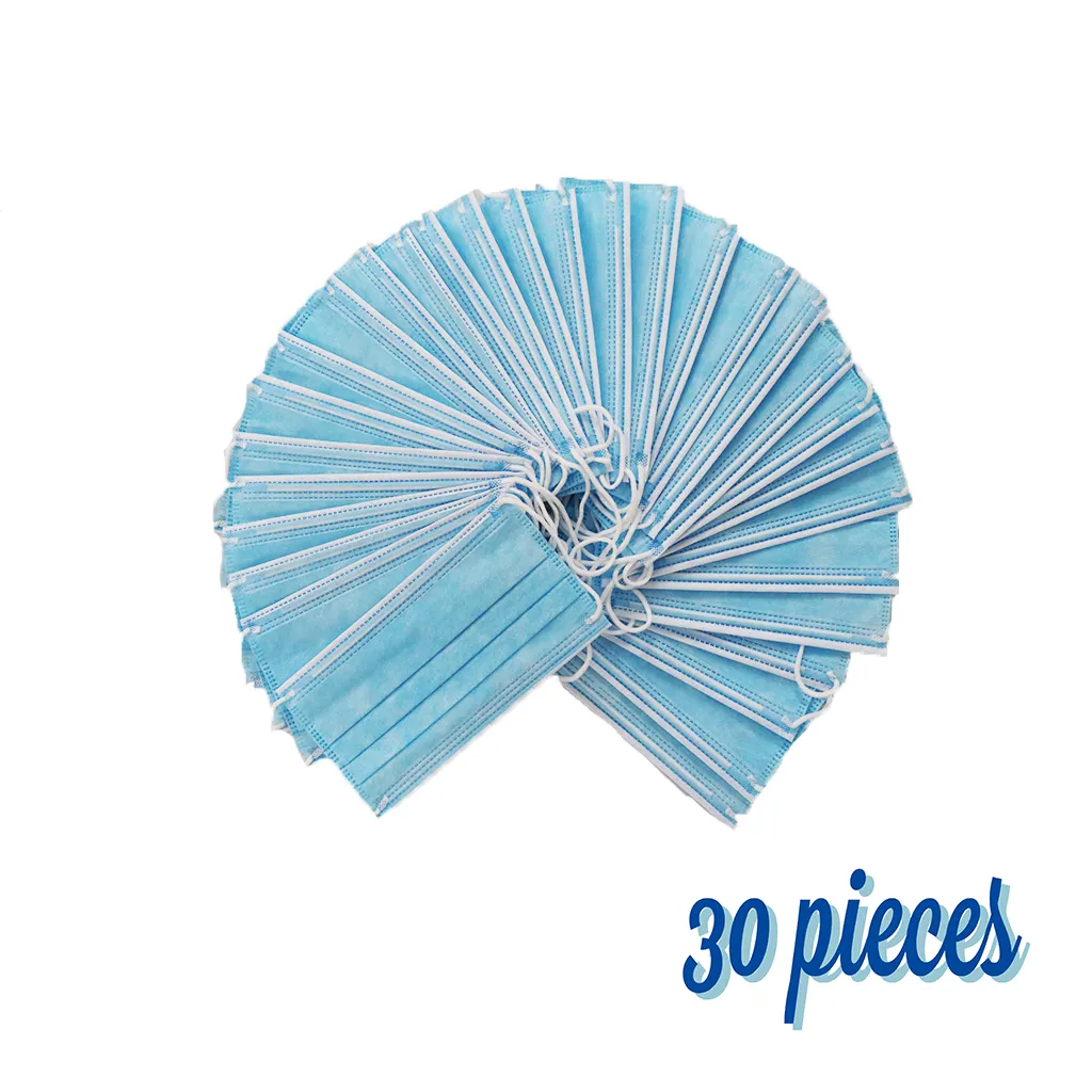 30 Pcs Non-Woven Face Mask Blue Disposable 3 Ply