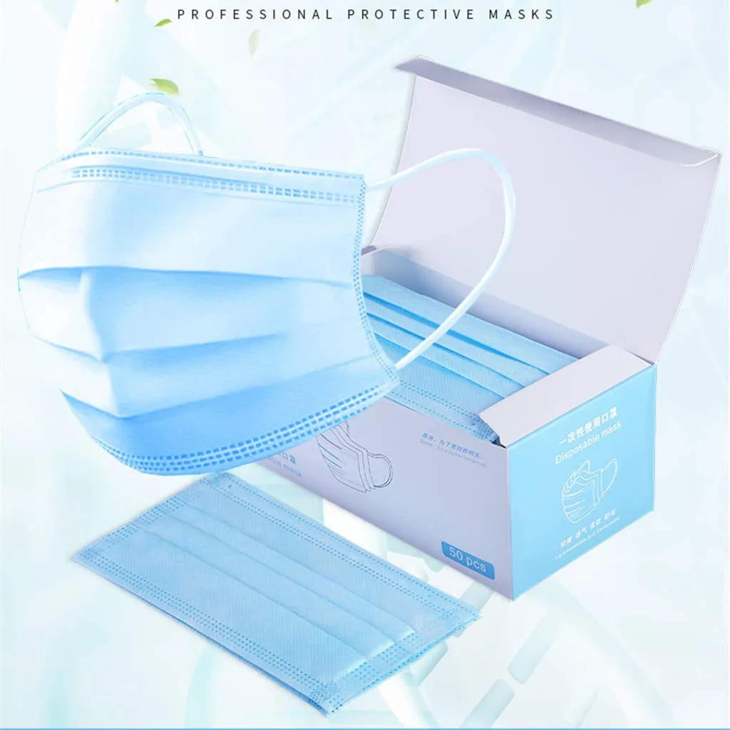 50 Pcs Non-Woven Face Mask Blue Disposable 3 Ply