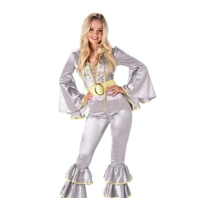 70s Silver Disco Jumpsuit with Yellow Trim - Karnival