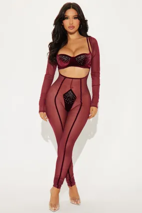 A Touch Of Glam Rhinestone Jumpsuit Bodystocking Set - Wine