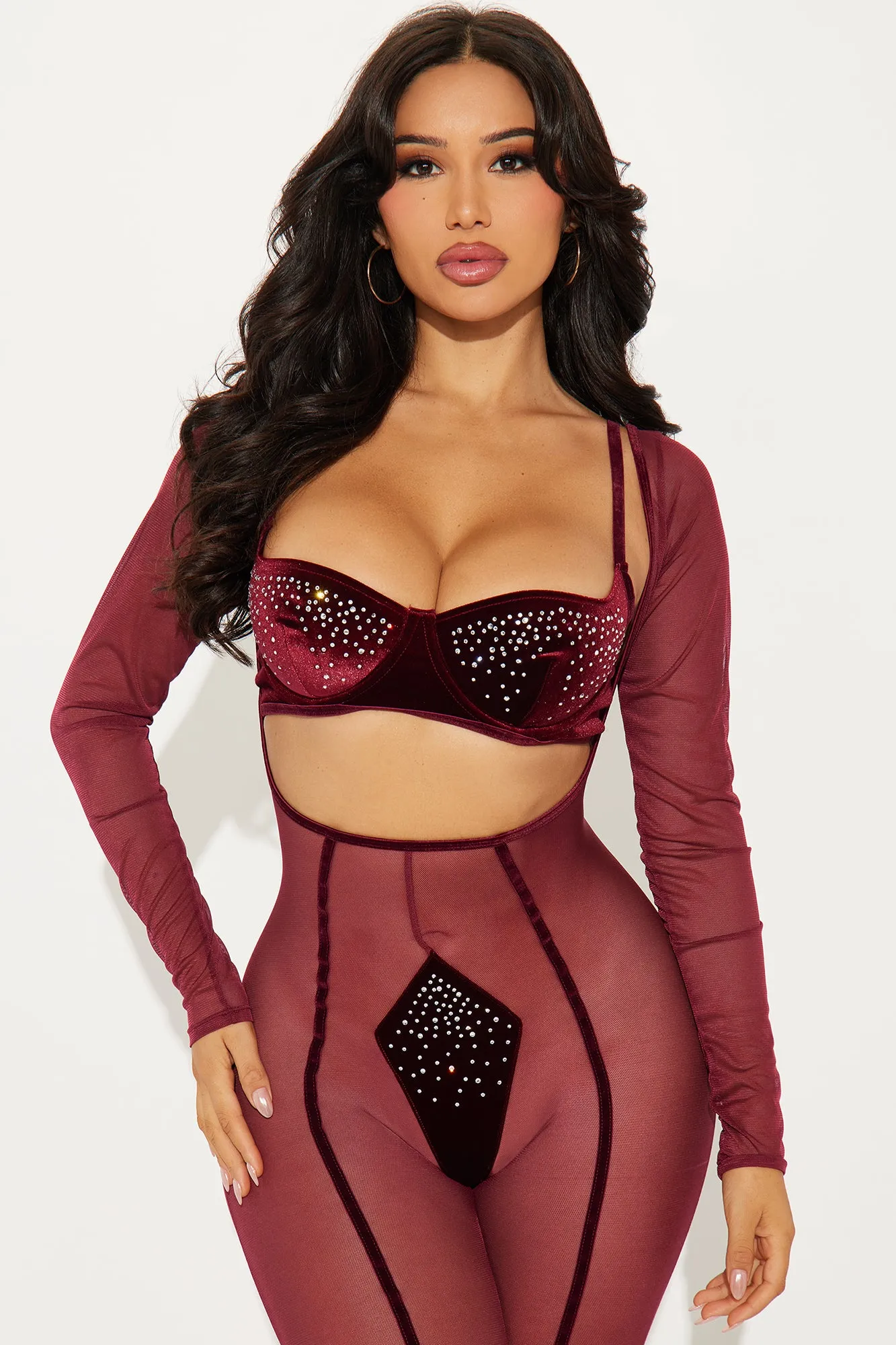 A Touch Of Glam Rhinestone Jumpsuit Bodystocking Set - Wine