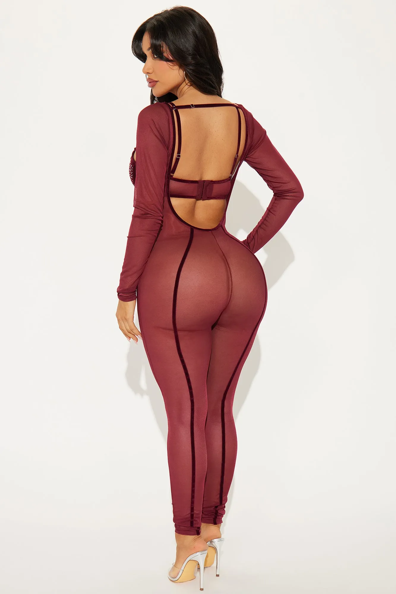 A Touch Of Glam Rhinestone Jumpsuit Bodystocking Set - Wine