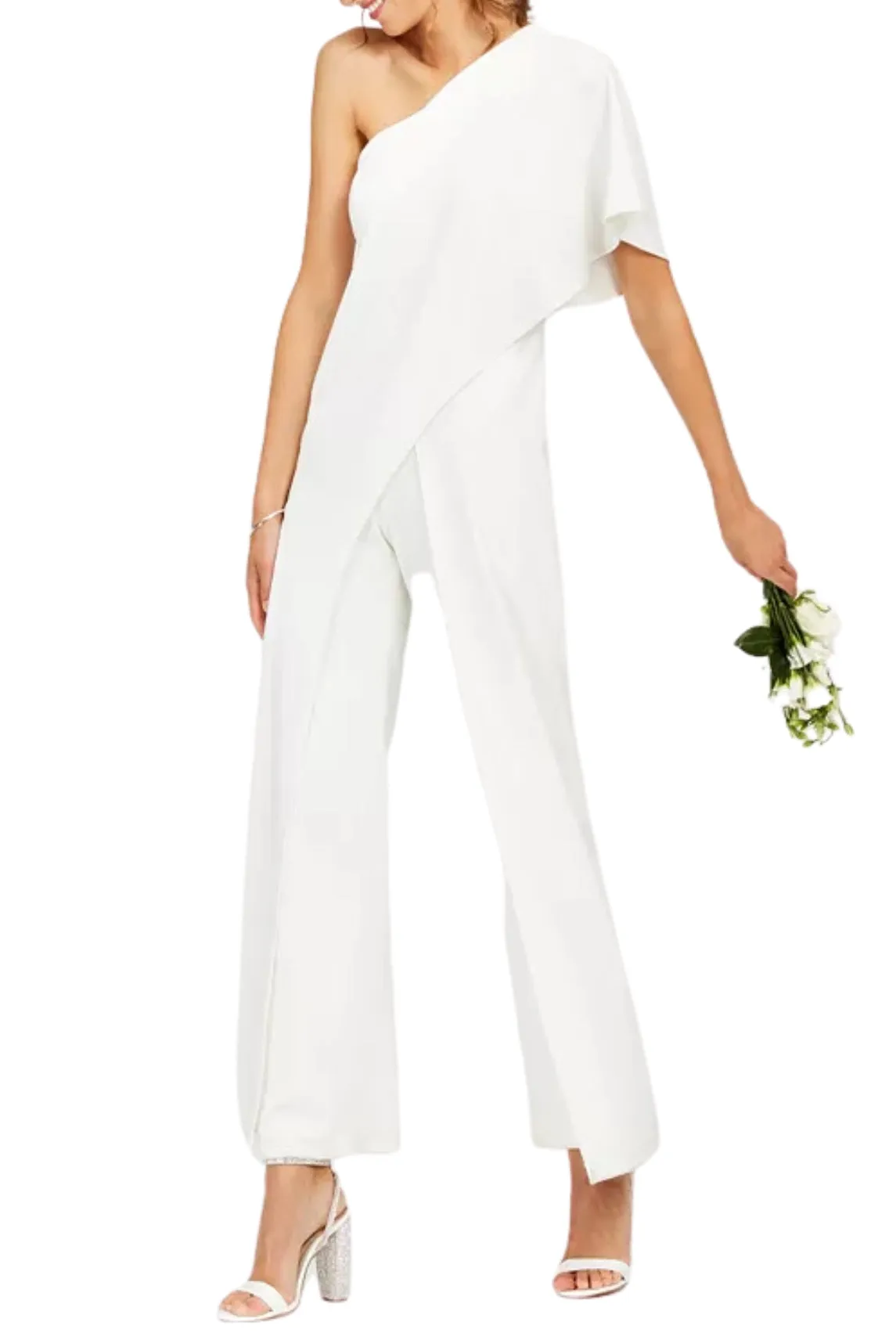 Adrianna Papell Asymmetrical One Shoulder Cape Sleeve Stretch Crepe Solid Jumpsuit