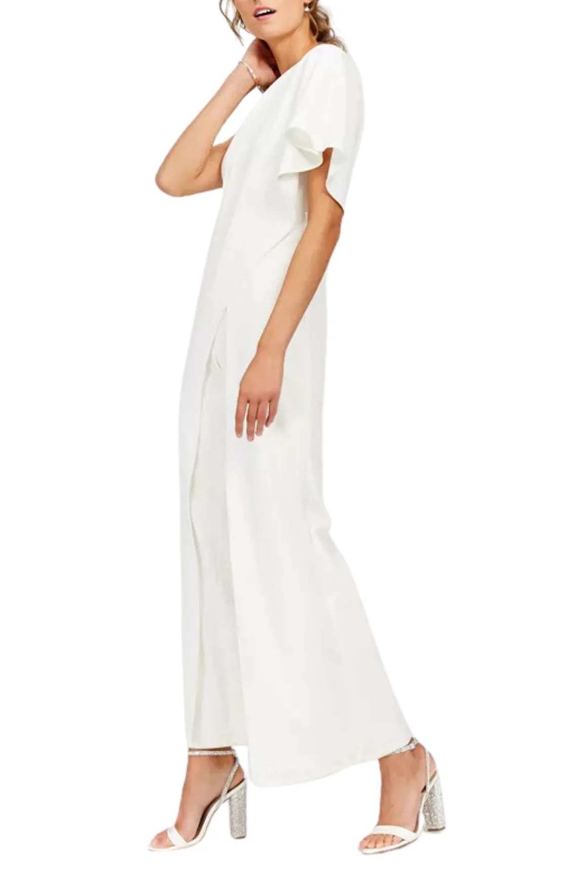 Adrianna Papell Asymmetrical One Shoulder Cape Sleeve Stretch Crepe Solid Jumpsuit