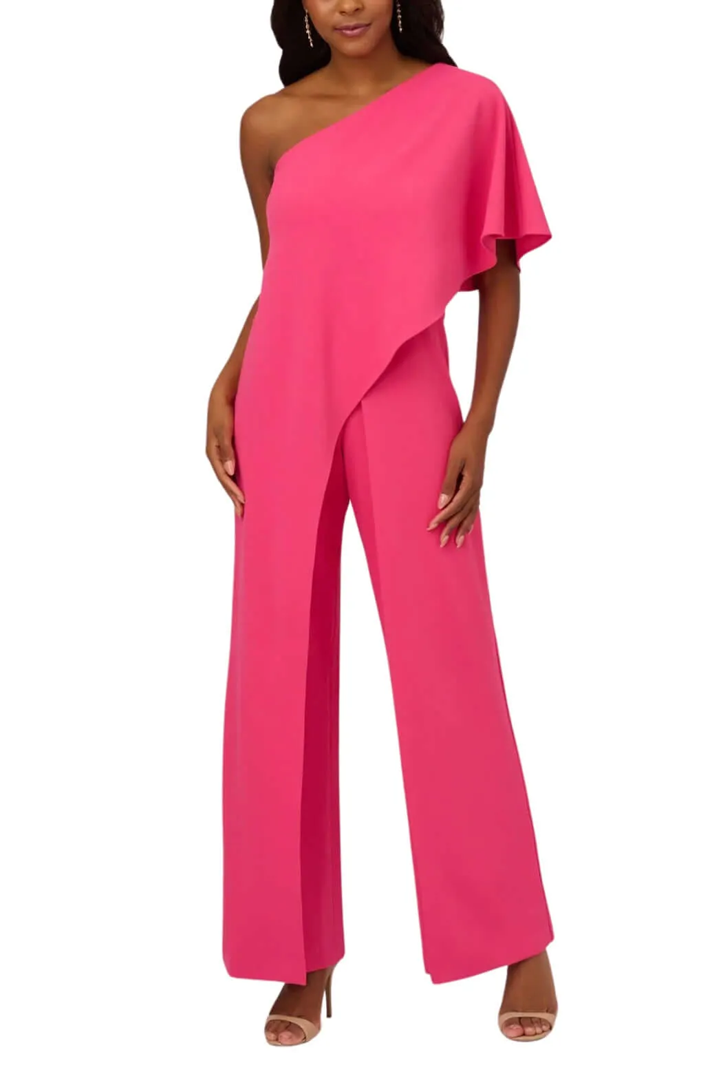 Adrianna Papell Asymmetrical One Shoulder Cape Sleeve Stretch Crepe Solid Jumpsuit