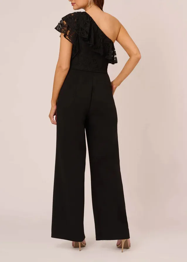 Adrianna Papell one shoulder lace ruffle zipper closure wide leg crepe jumpsuit