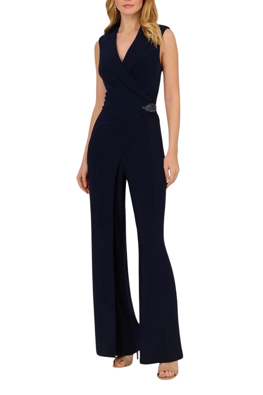 Adrianna Papell Sleeveless Shawl Neck Jersey Wide Leg Jumpsuit