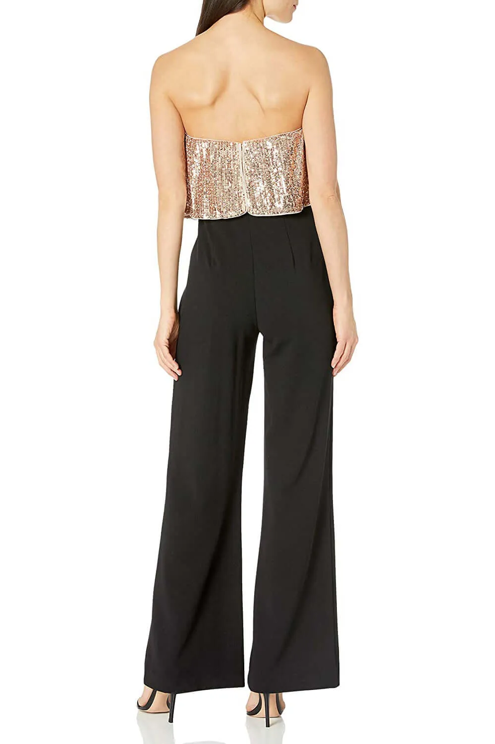 Adrianna Papell Spaghetti Strap Popover Zipper Back Embellished Mesh Bodice Stretch Crepe Jumpsuit