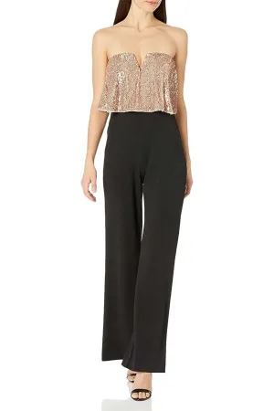 Adrianna Papell Spaghetti Strap Popover Zipper Back Embellished Mesh Bodice Stretch Crepe Jumpsuit