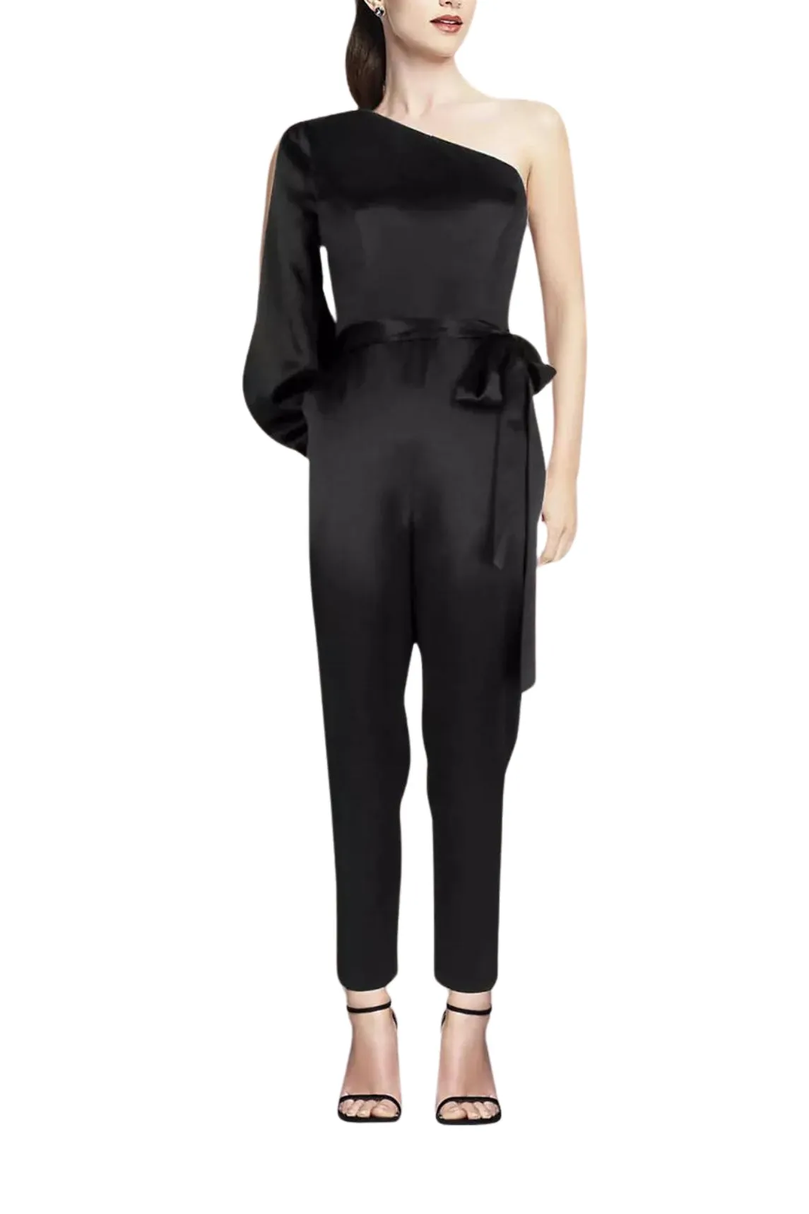 Aidan by Aidan Mattox Asymmetrical Shoulder Slit Long Sleeve Tie Side Functional Pocket Concealed Zipper Side Satin Jumpsuit