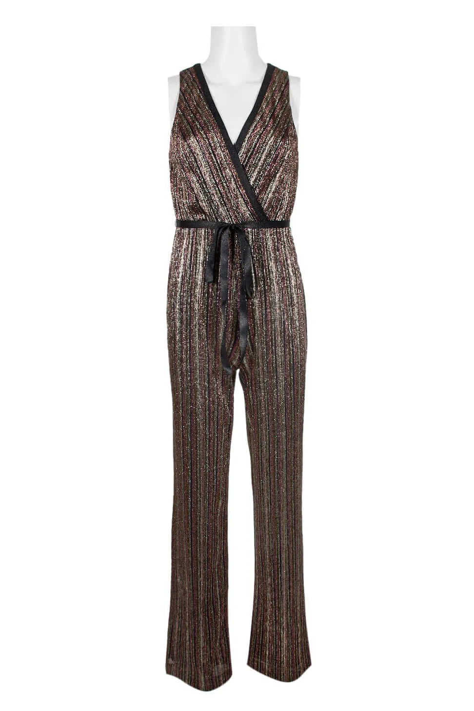 Aidan by Aidan Mattox V-Neck Sleeveless Piping Detail Tie Front Zipper Back Metallic Lurex Jumpsuit