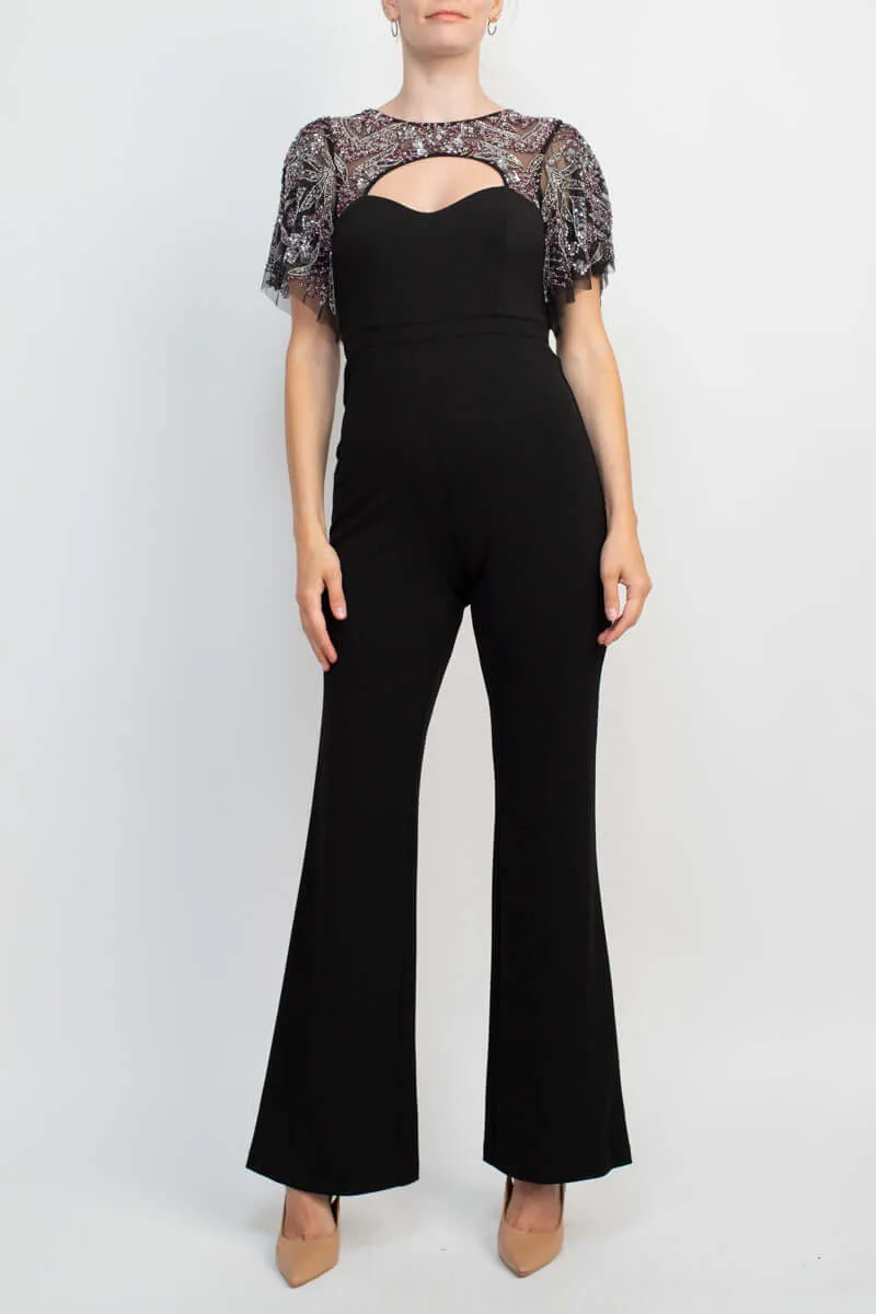 Aidan Mattox Crew Neck Cutout Front Short Sleeve Cutout Back Embellished Mesh Bodice Crepe Jumpsuit