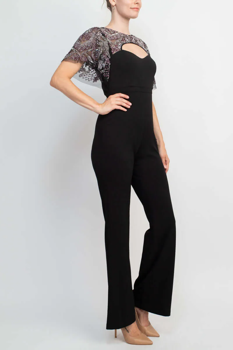 Aidan Mattox Crew Neck Cutout Front Short Sleeve Cutout Back Embellished Mesh Bodice Crepe Jumpsuit