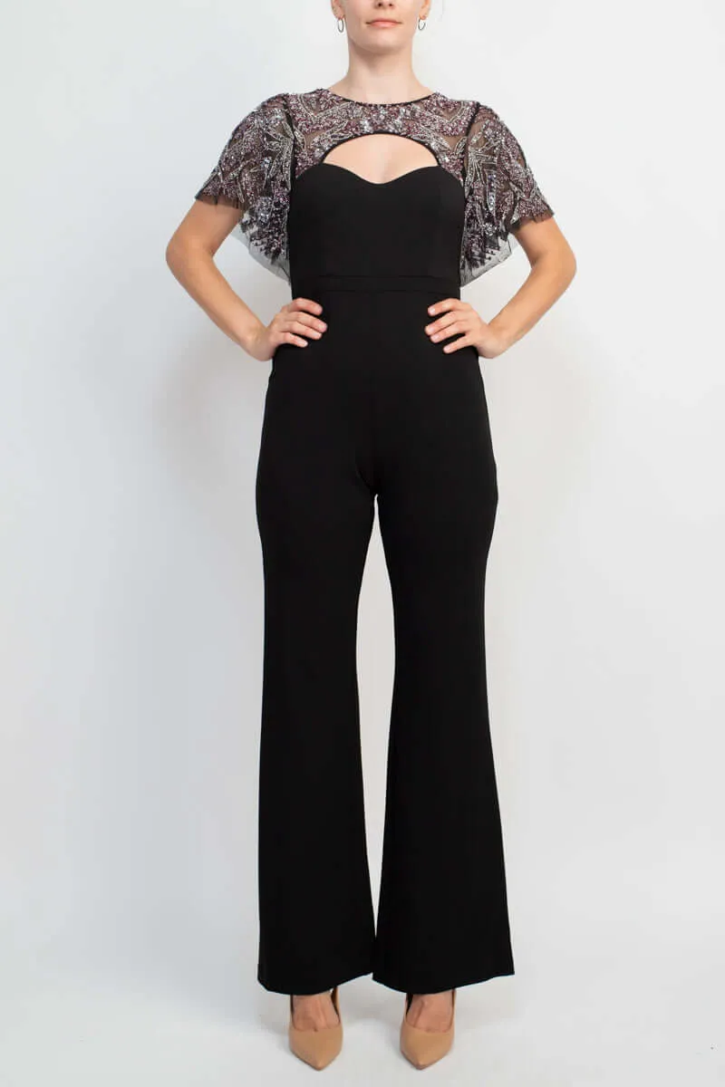 Aidan Mattox Crew Neck Cutout Front Short Sleeve Cutout Back Embellished Mesh Bodice Crepe Jumpsuit