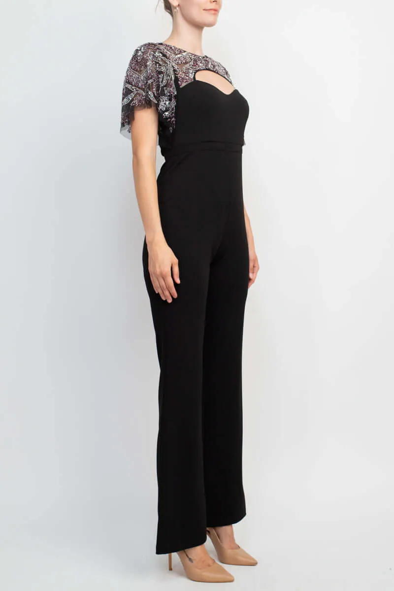 Aidan Mattox Crew Neck Cutout Front Short Sleeve Cutout Back Embellished Mesh Bodice Crepe Jumpsuit