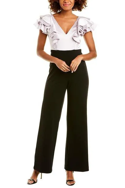 Aidan Mattox V-Neck Flutter Sleeve Zipper Back Satin Crepe Jumpsuit