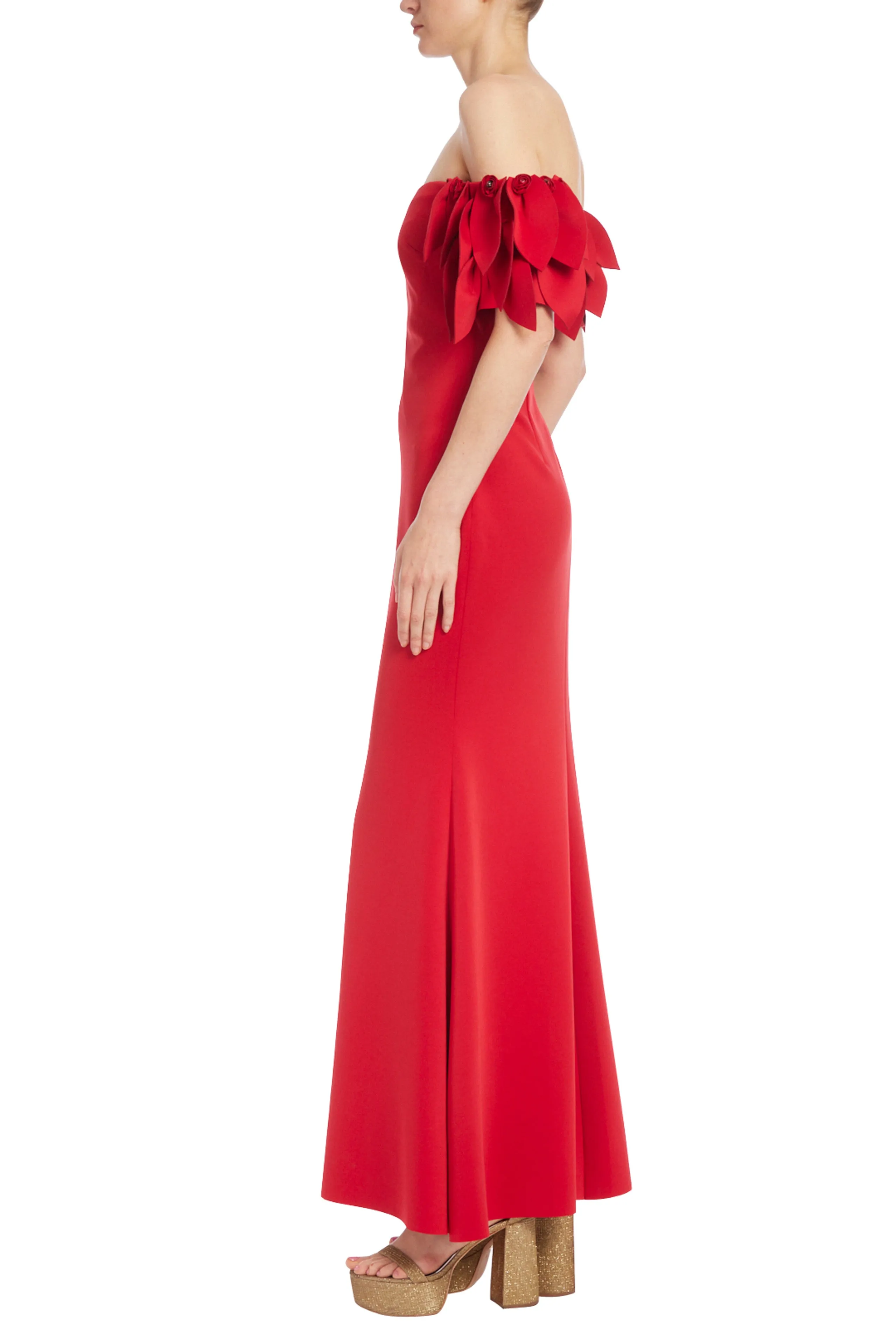 Badgley Mischka Strapless Petal Sleeve Gown