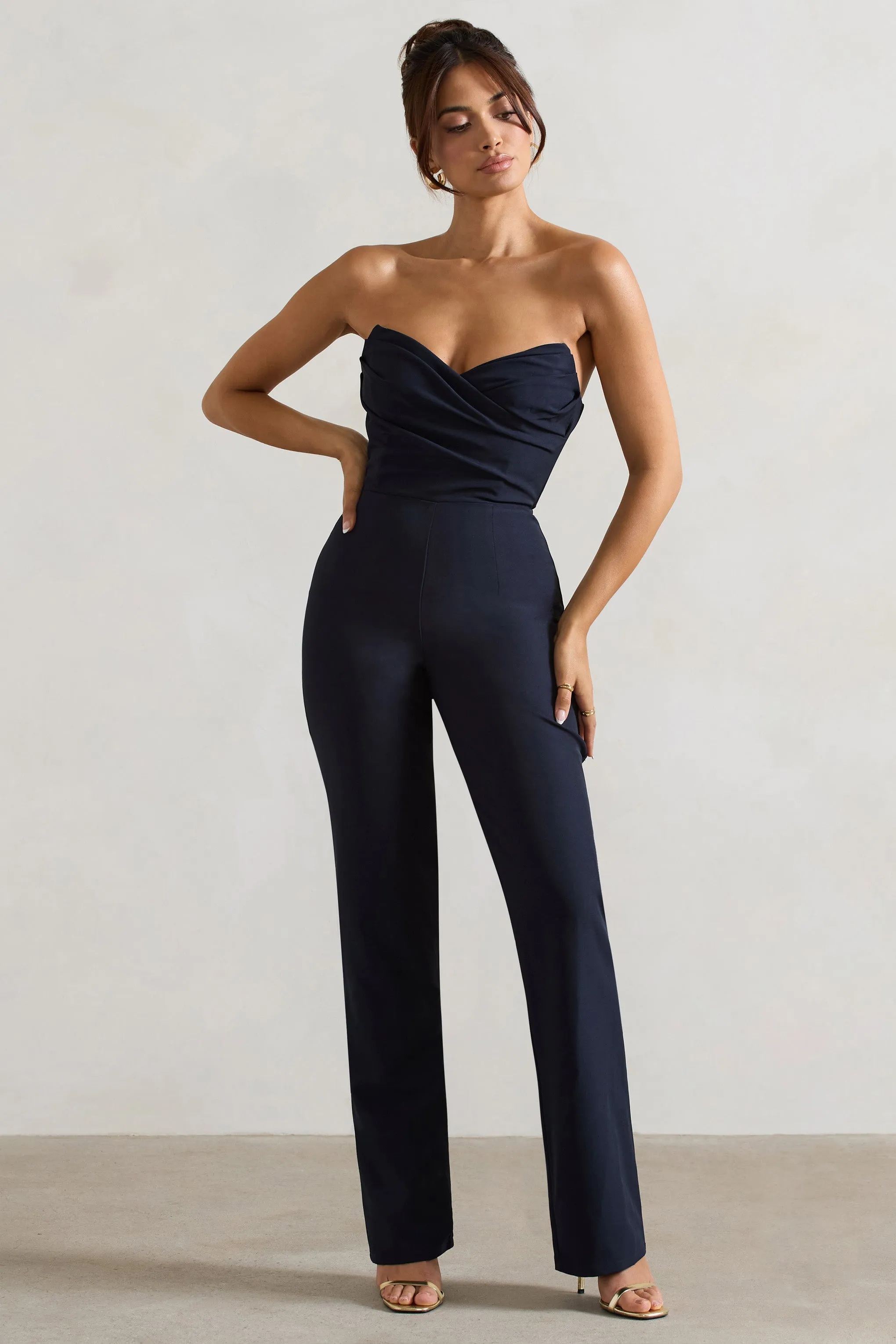 Bellezza | Navy Bandeau Corset Wide Leg Jumpsuit