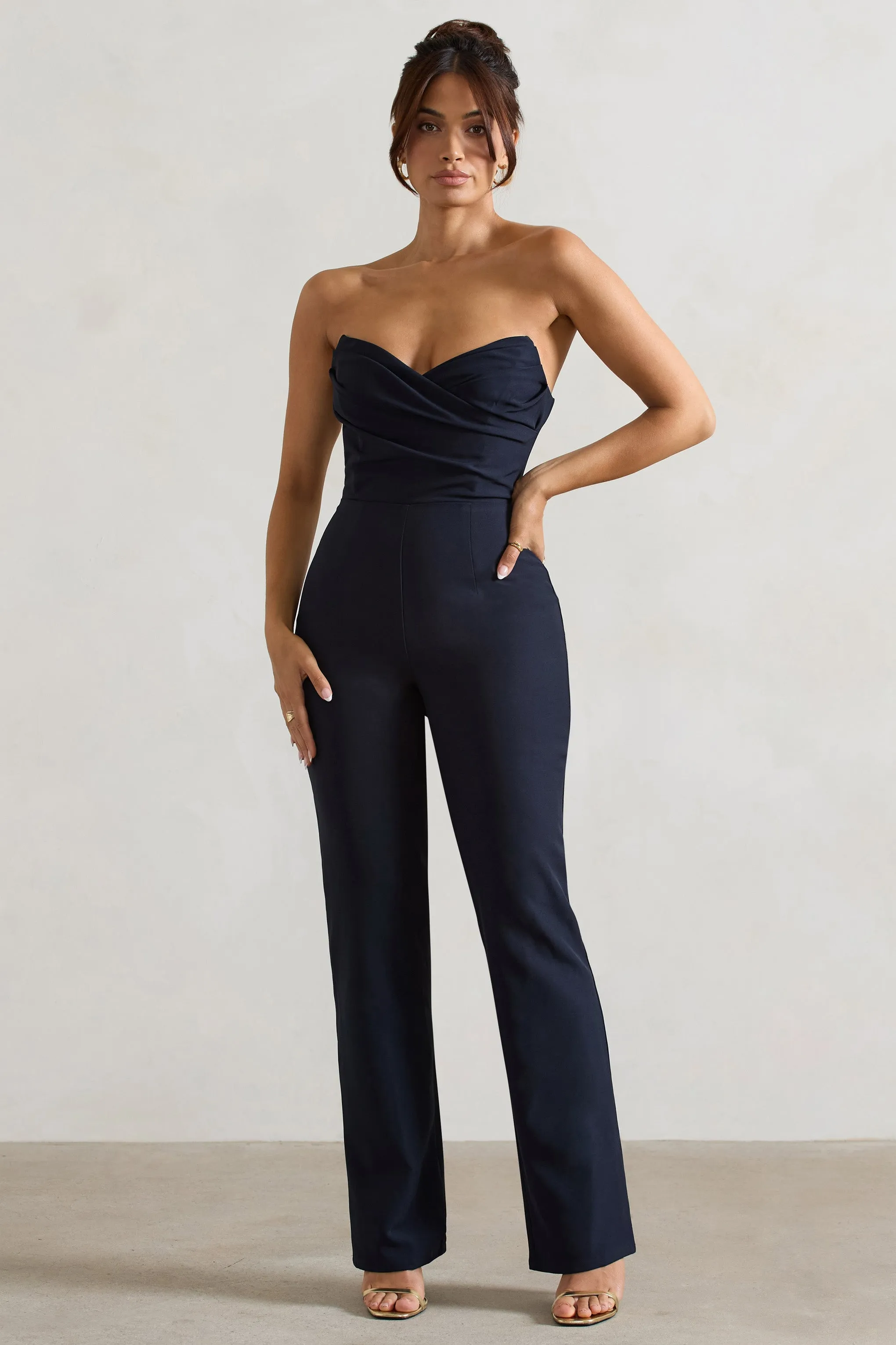 Bellezza | Navy Bandeau Corset Wide Leg Jumpsuit