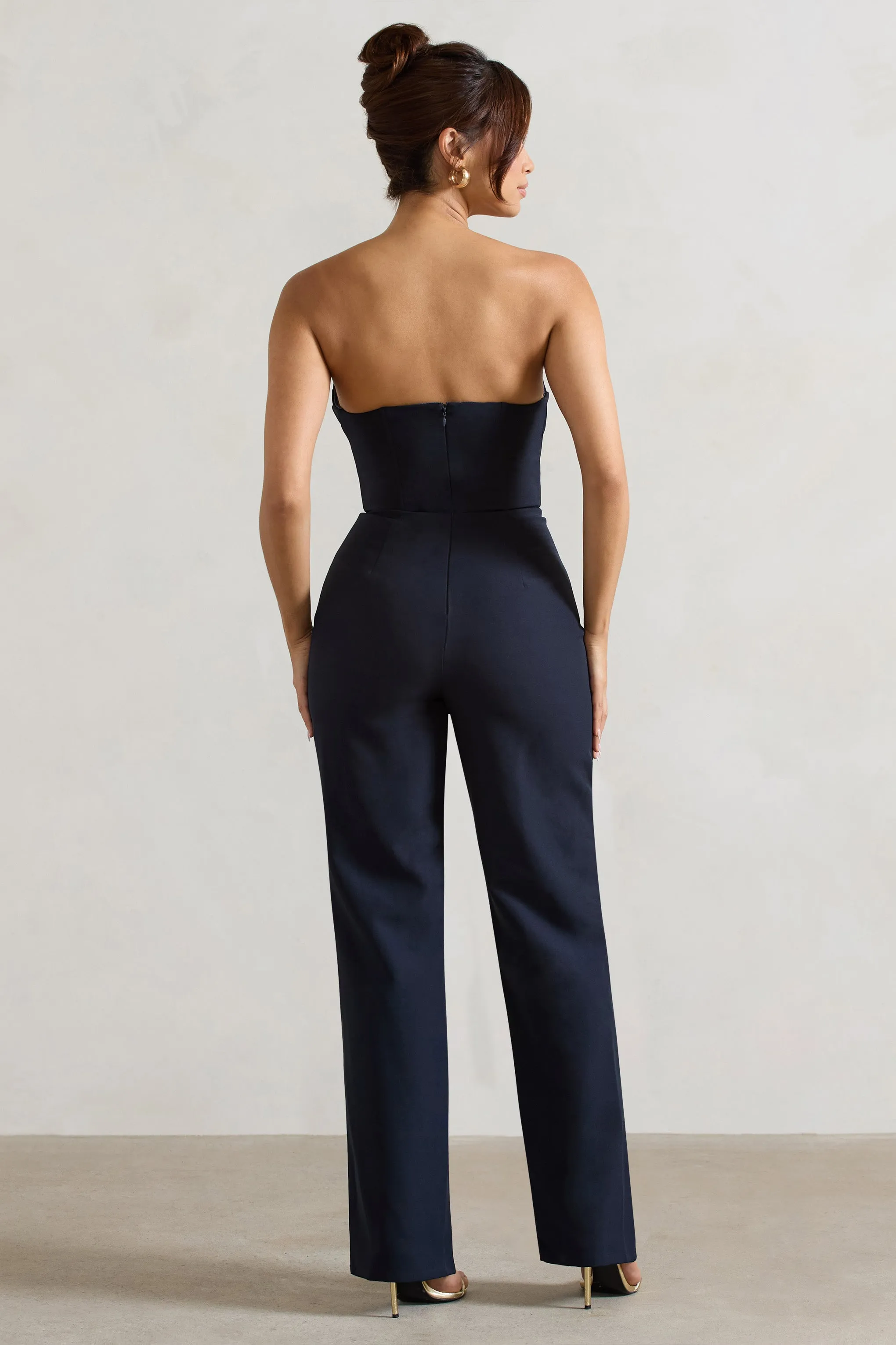 Bellezza | Navy Bandeau Corset Wide Leg Jumpsuit