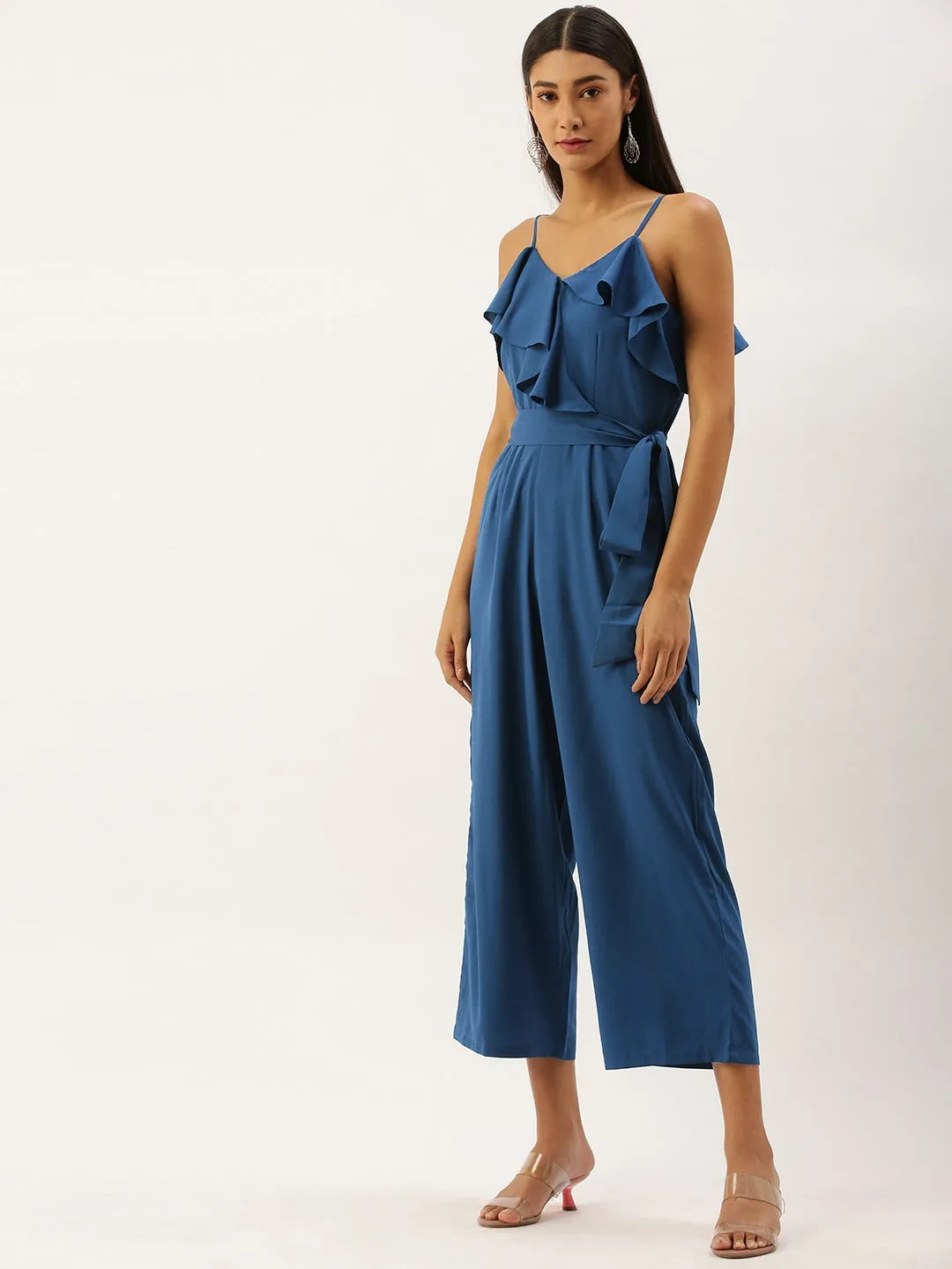 Berrylush Women Solid Blue V-Neck Ruffled Jumpsuit