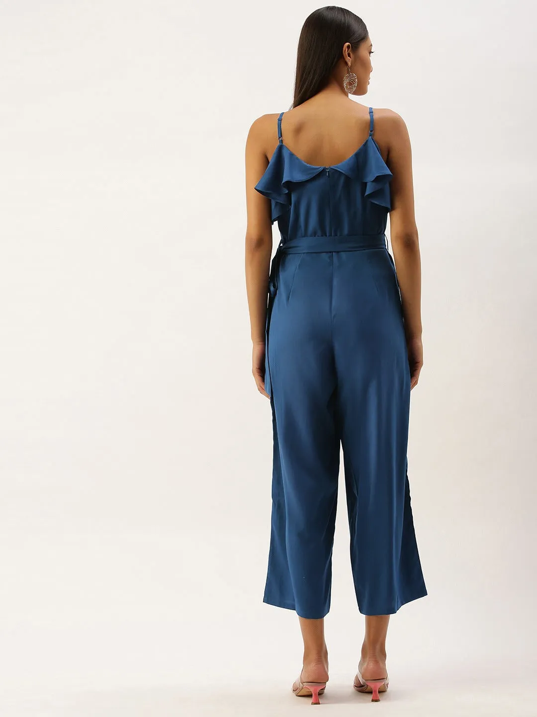 Berrylush Women Solid Blue V-Neck Ruffled Jumpsuit