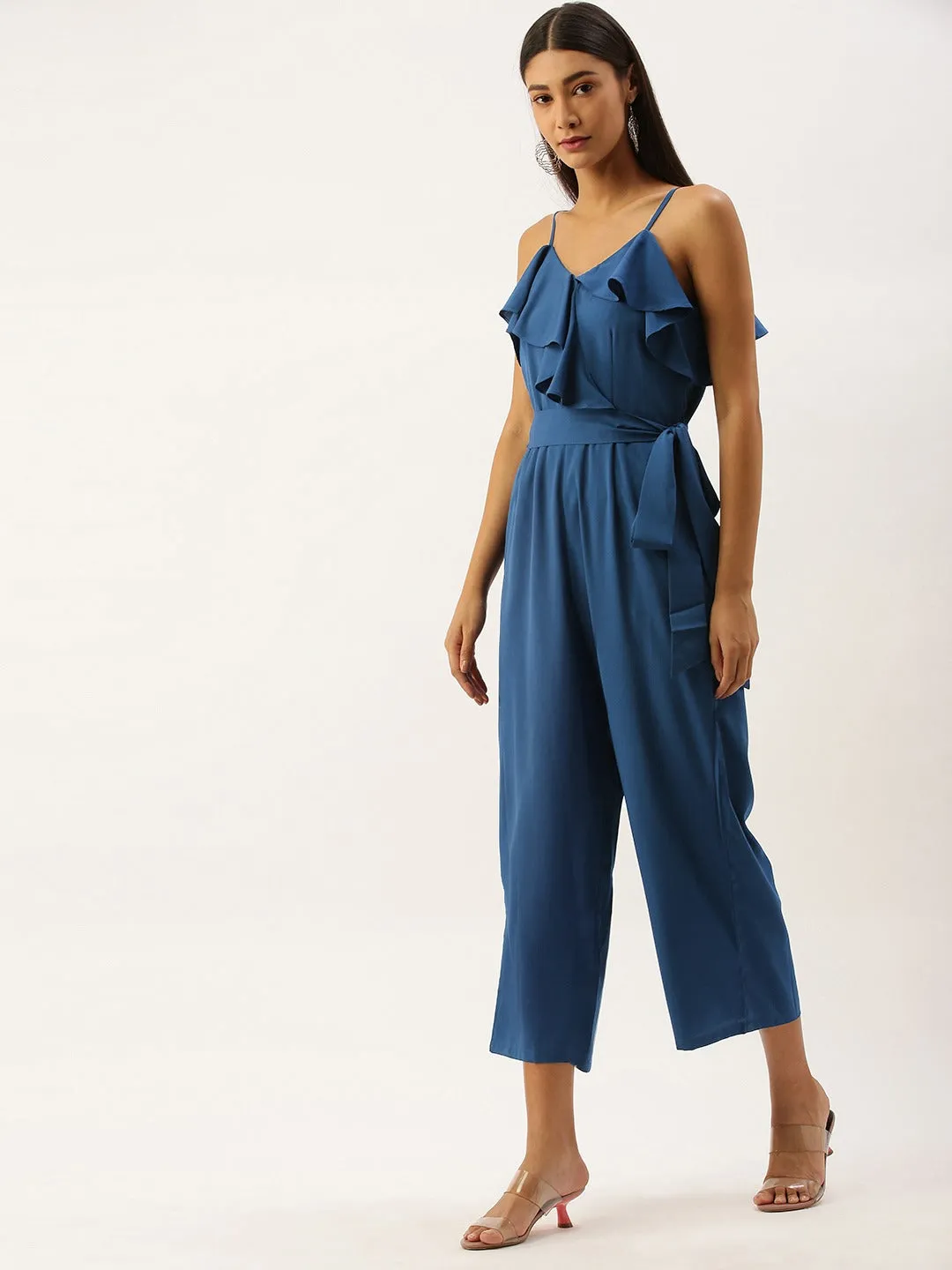 Berrylush Women Solid Blue V-Neck Ruffled Jumpsuit