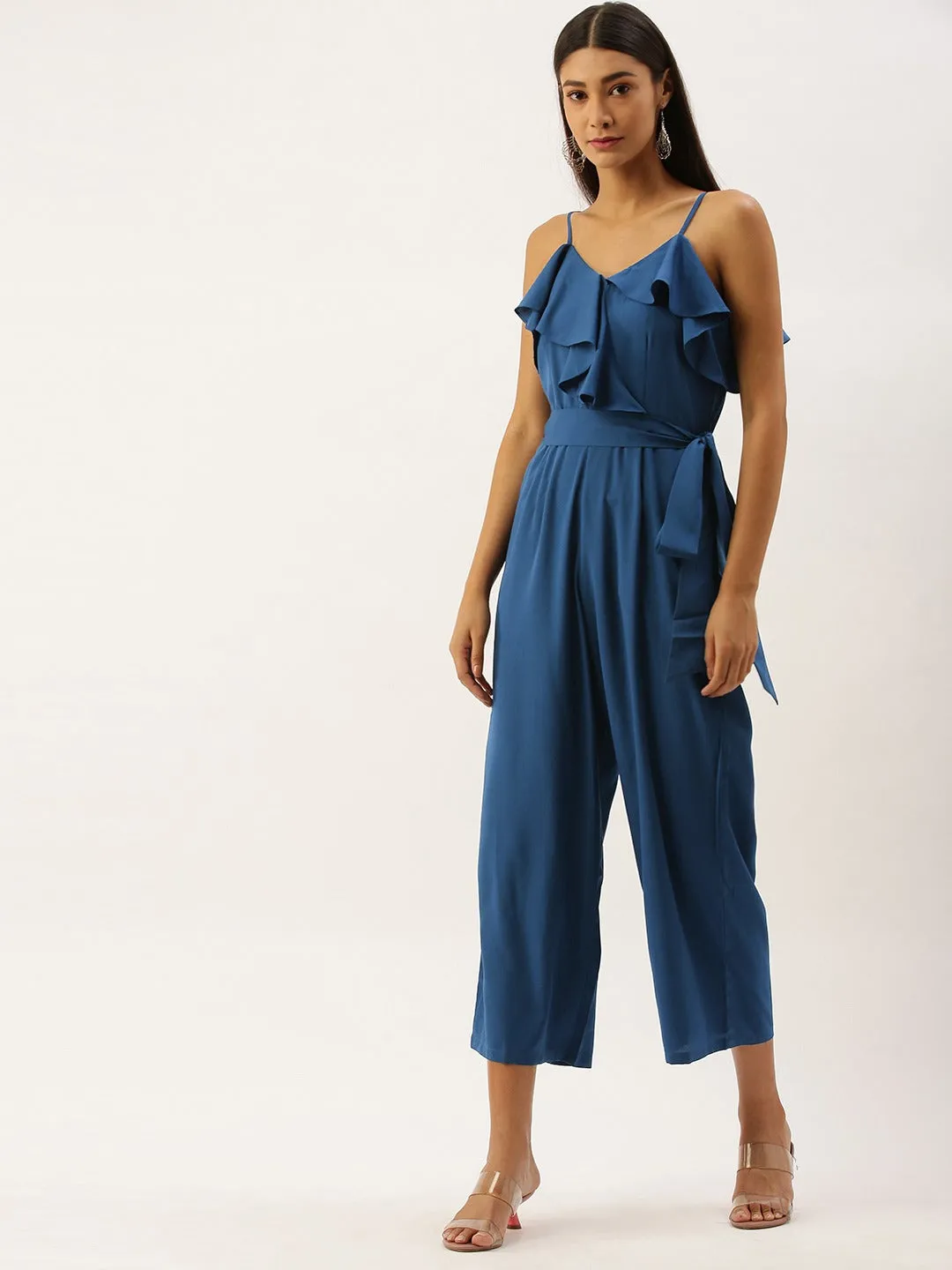 Berrylush Women Solid Blue V-Neck Ruffled Jumpsuit