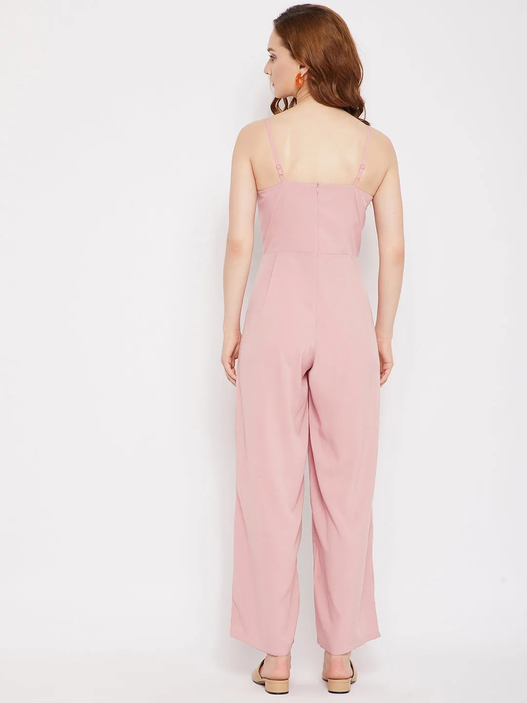 Berrylush Women Solid Pink V-Neck Sleeveless Faux Wrap Regular Jumpsuit