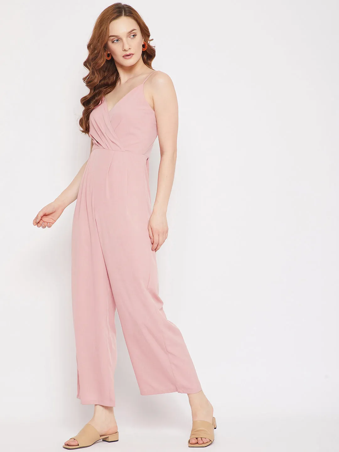 Berrylush Women Solid Pink V-Neck Sleeveless Faux Wrap Regular Jumpsuit