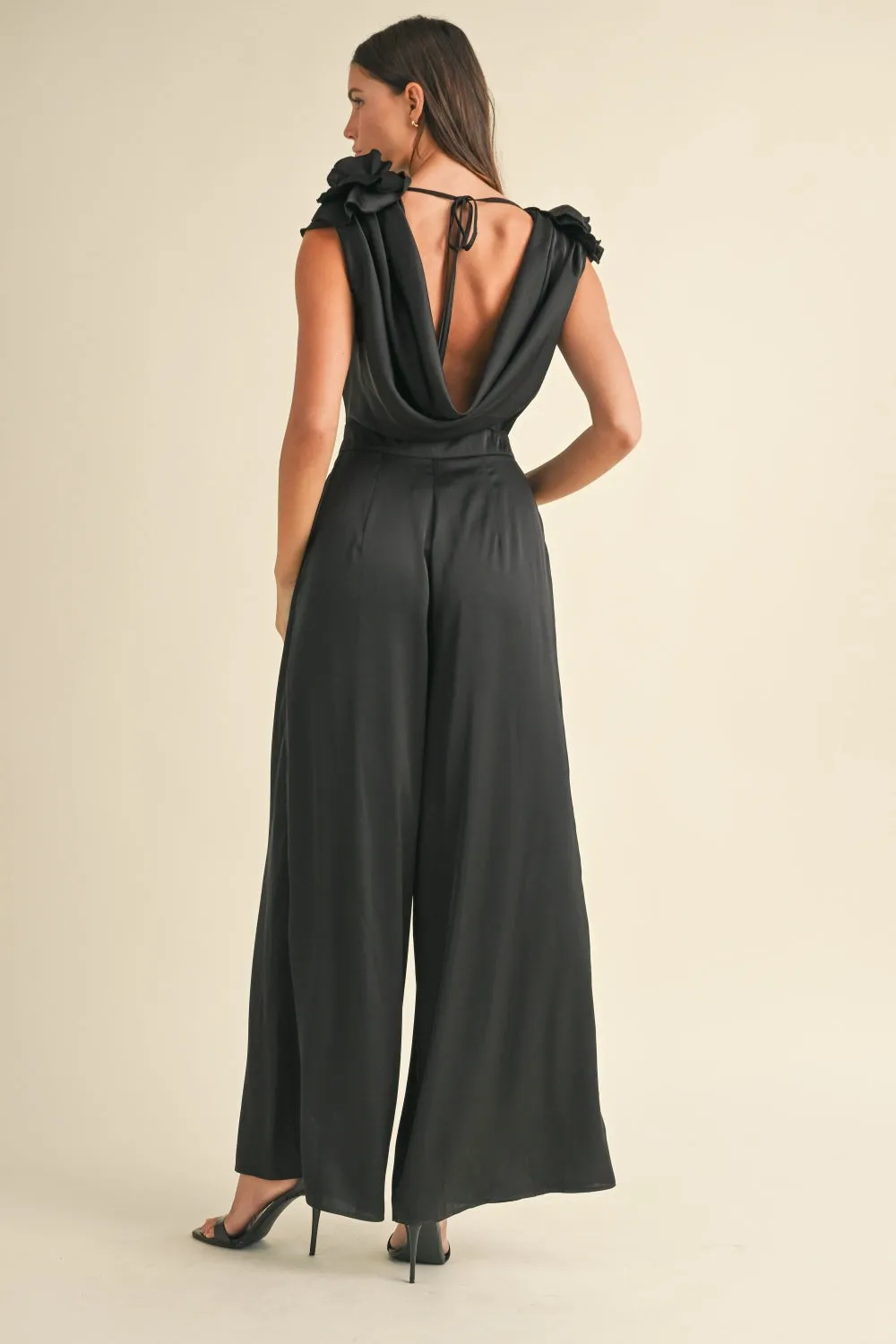 Black Applique Deep Cowl Neck Jumpsuit