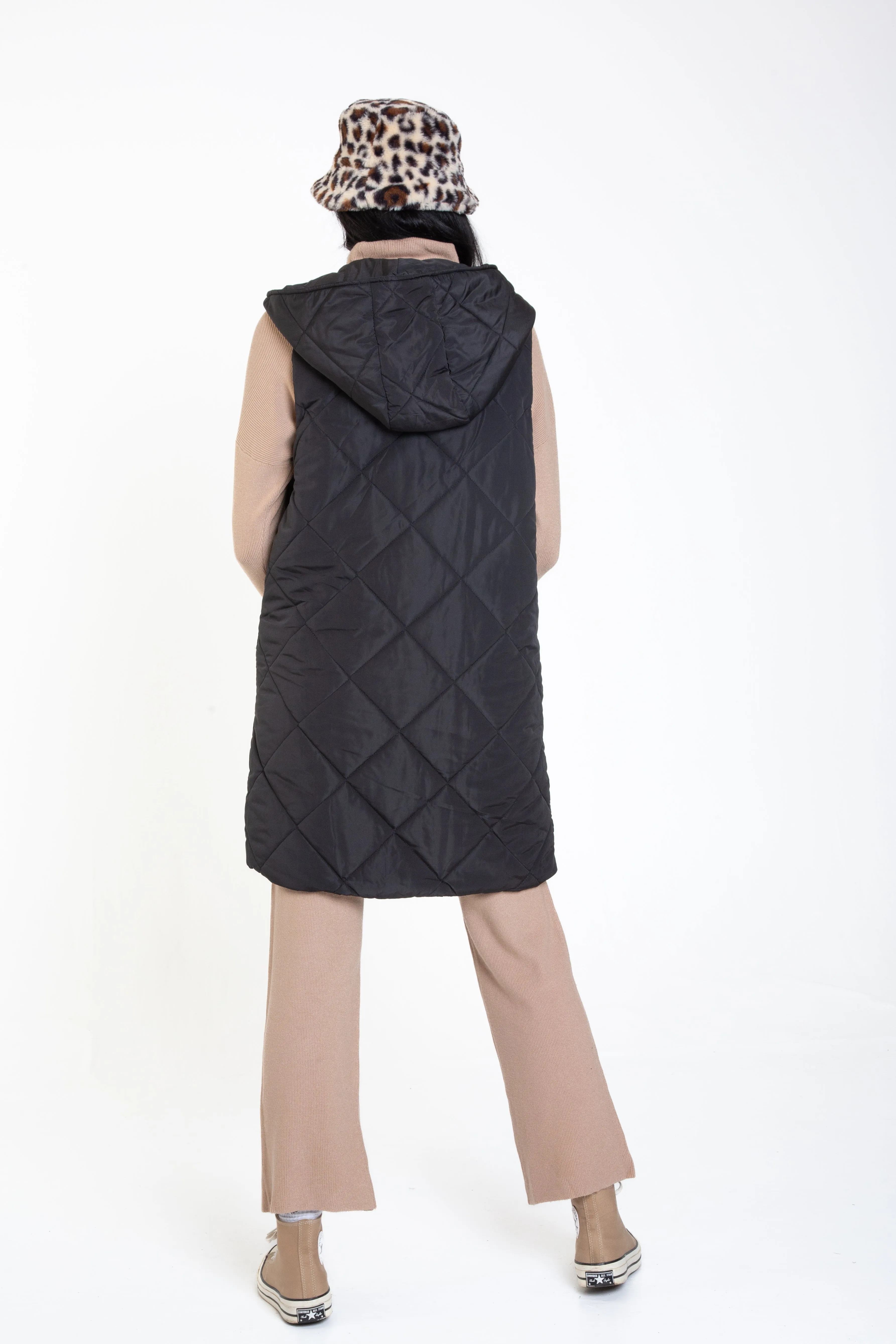 Black Longline Padded Gilet with Hood