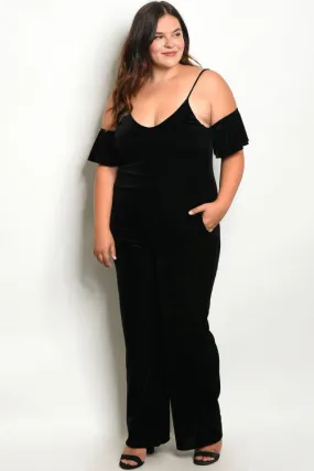 Black Velvet Cold Shoulder Plus Size Jumpsuit