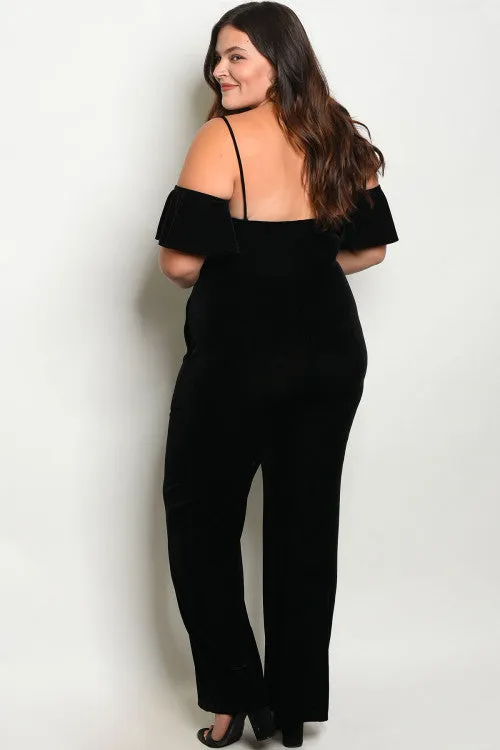 Black Velvet Cold Shoulder Plus Size Jumpsuit