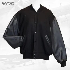 Black Wool Varsity Jacket with Premium Leather Sleeves