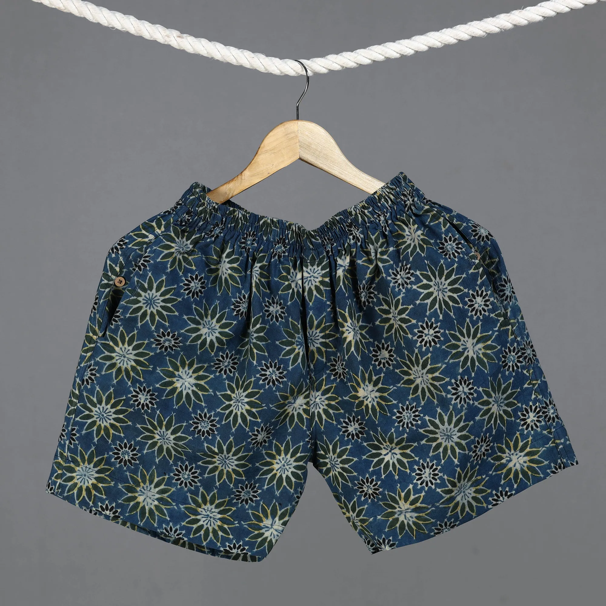 Blue - Ajrakh Block Printed Cotton Unisex Boxer/Shorts