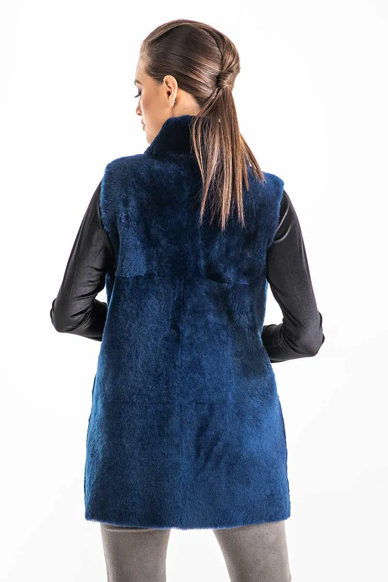 Blue Reversible Geniune Nappa Lamb Leather Mouton Fur Vest