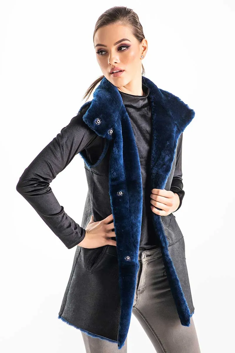 Blue Reversible Geniune Nappa Lamb Leather Mouton Fur Vest