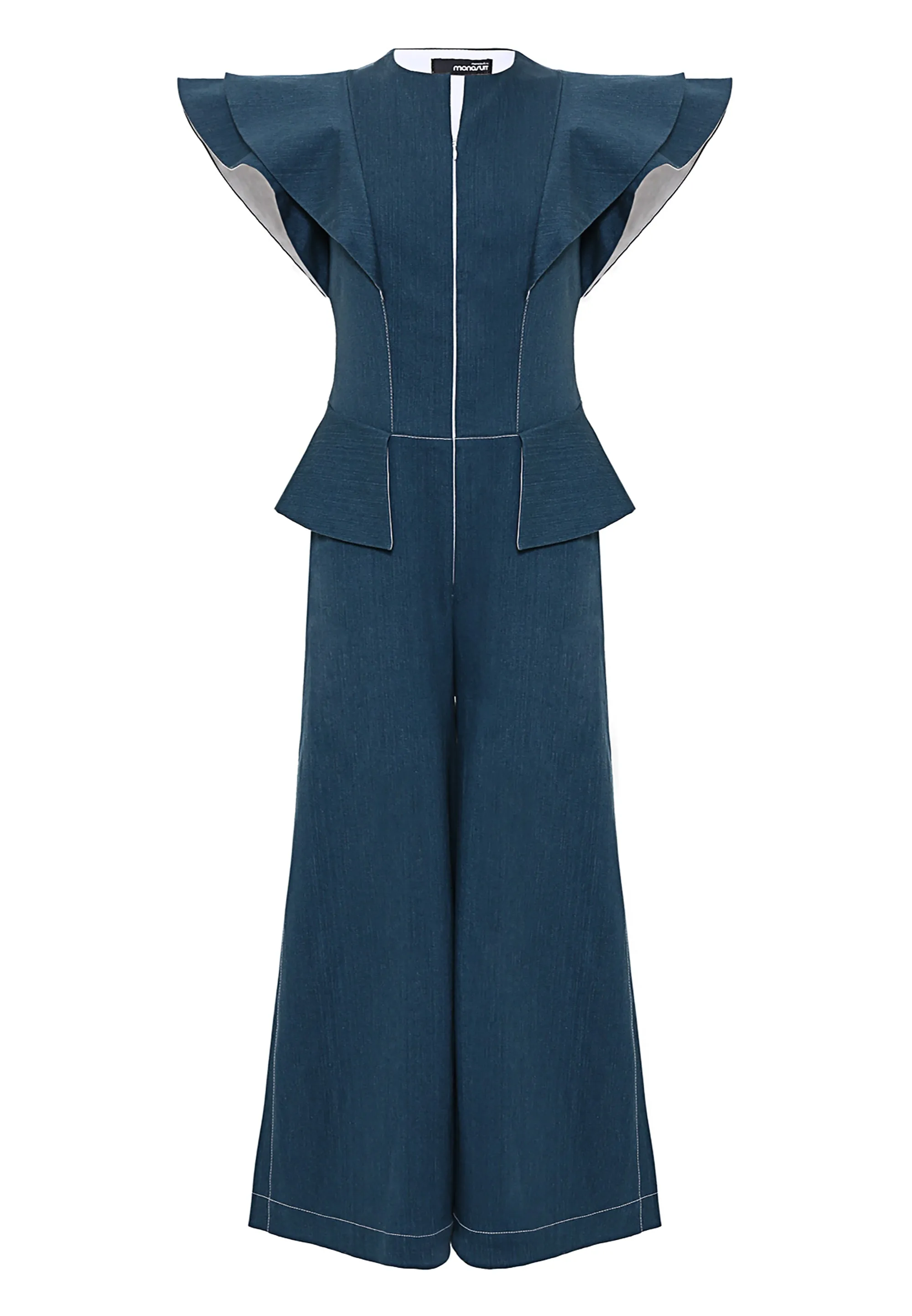 Blue Sleeveless Denim Wide-Leg Full-Length Glam Jumpsuit AMELI