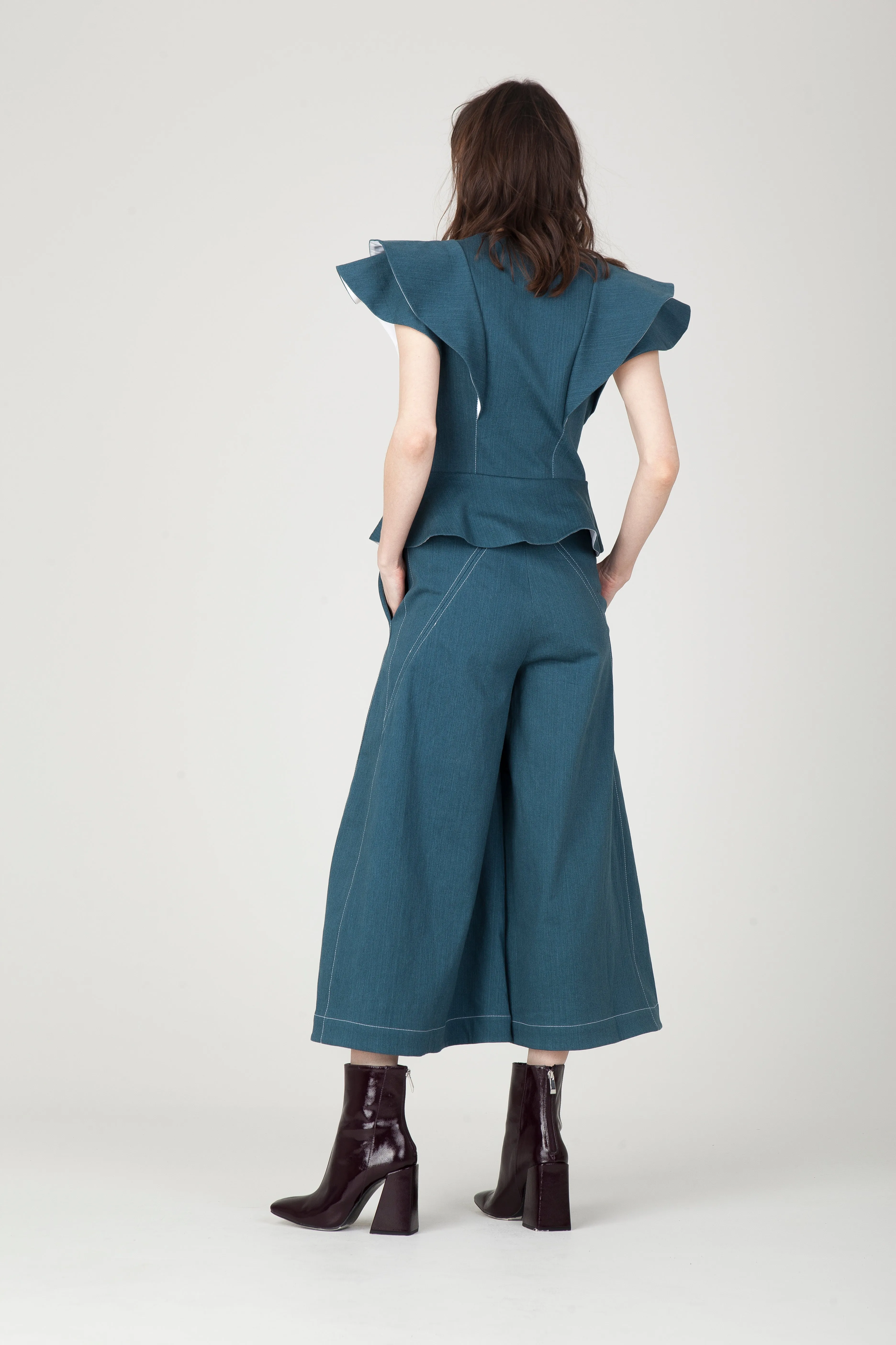 Blue Sleeveless Denim Wide-Leg Full-Length Glam Jumpsuit AMELI