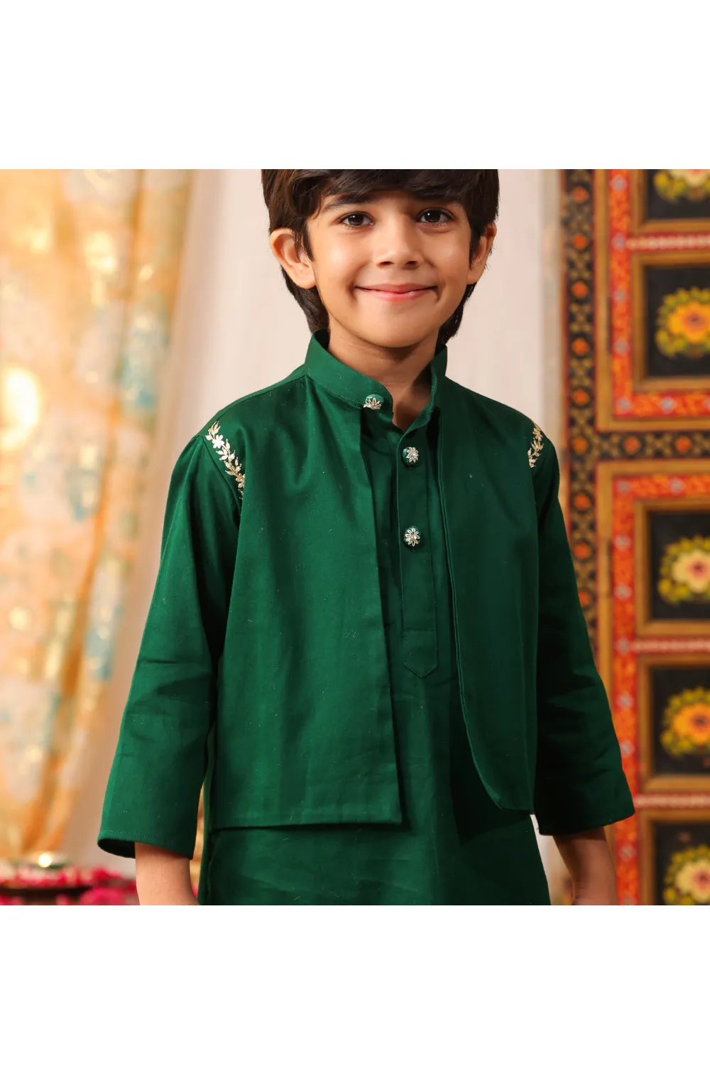 Bottle Green Pitten Handwork Kurta And Dhoti With Attached Jacket Set