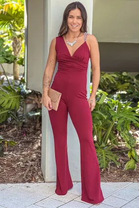 Burgundy Double Pearl Strap Jumpsuit