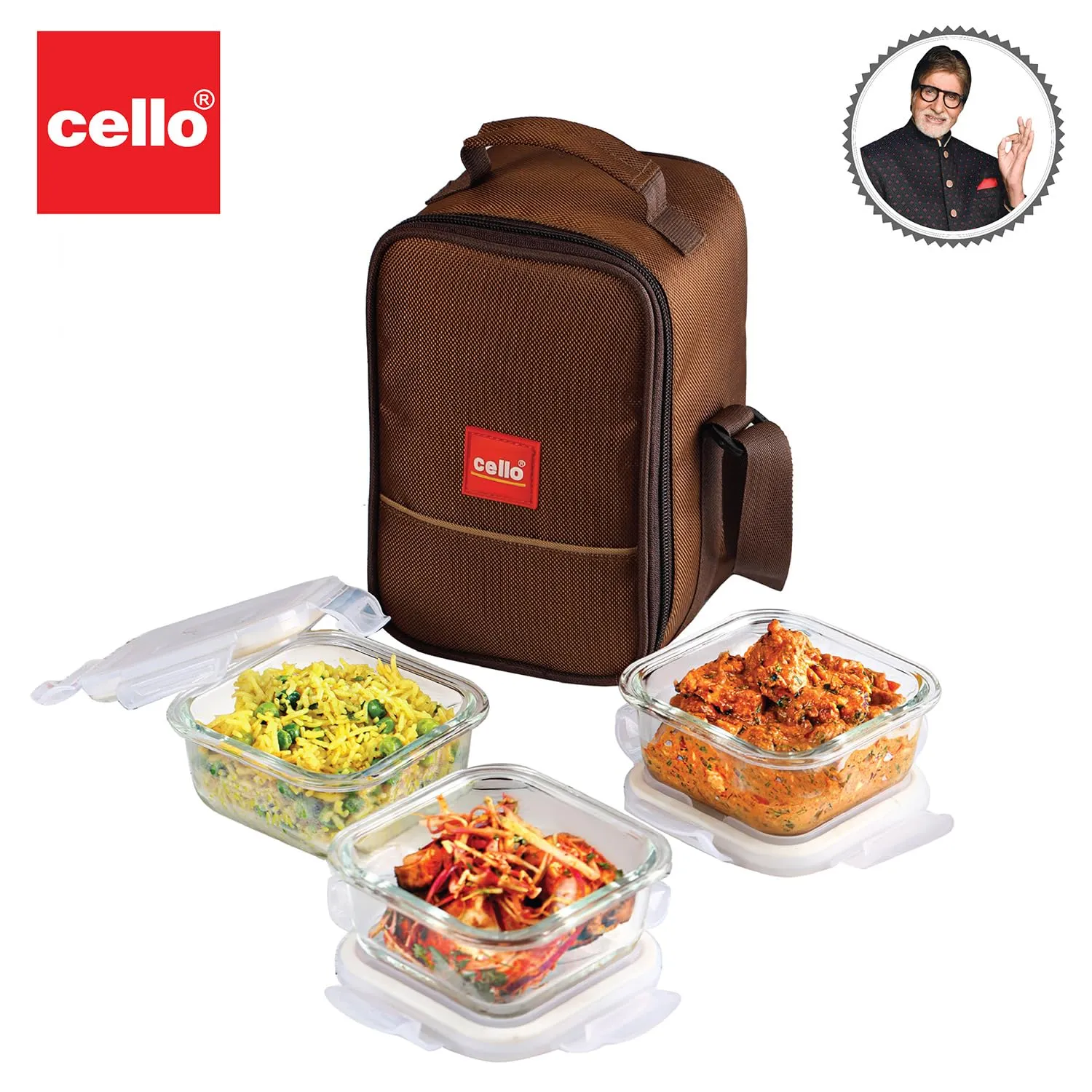 CELLO MF Glassy Seal O Fresh Glass Lunch Box Set of 3 Containers, 350ml Each, Clear | Microwavable Borosilicate Glass | Leak Proof Design | Ideal for College, Travel, Office