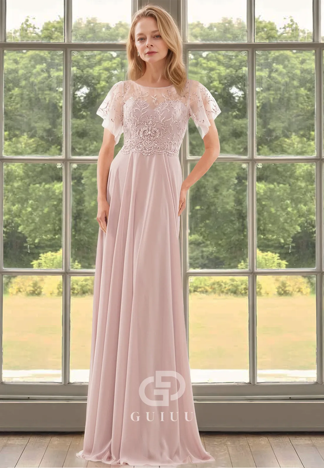 Chiffon Short Sleeves Scoop Empire-Waist Corset Tulle Mother of the Bride Dress