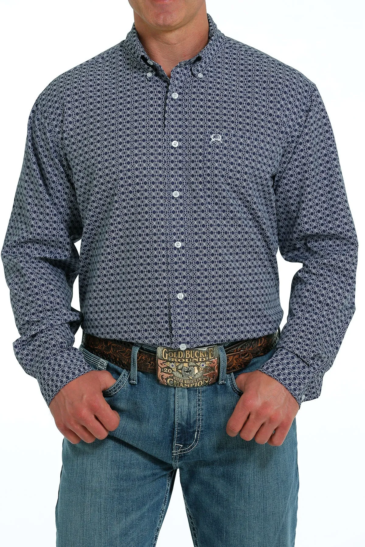 Cinch Men's Long Sleeve Button Down - Navy Print