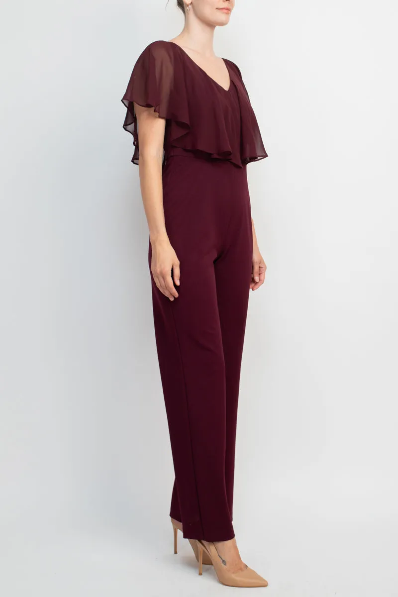 Connected Apparel V-Neck Popover Chiffon Top Zipper Back Solid Crepe Jumpsuit